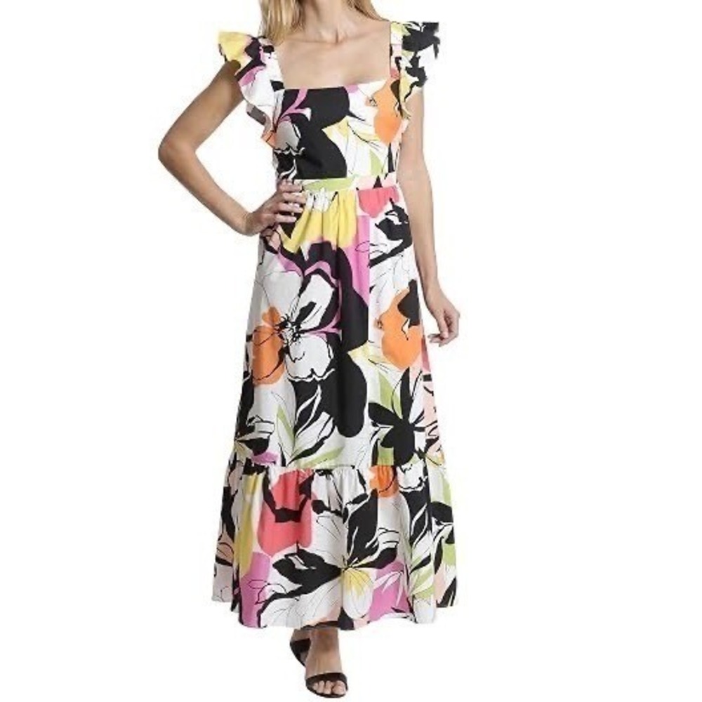 London Times Watercolor Floral Maxi Dress Ruffled Cap Sleeve Tiered Square Neck